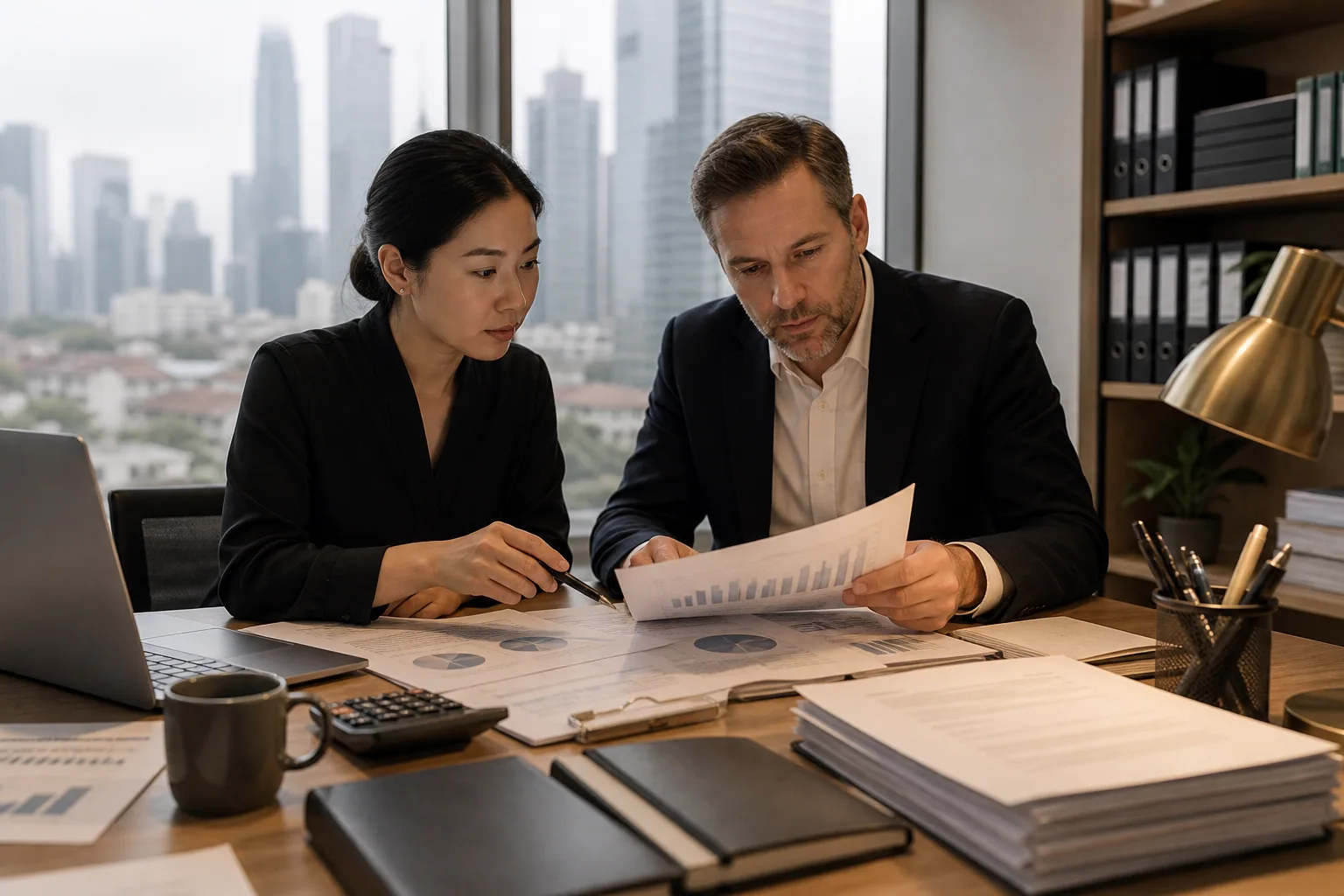 Finance professionals reviewing tax calculations in a bright office overlooking a Chinese city