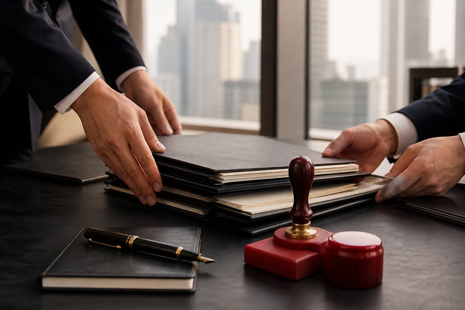 Business registration documents arranged on a refined office desk in China
