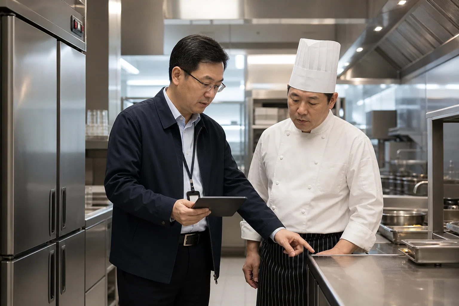 Pristine contemporary food-service workspace prepared for a regulatory inspection in China