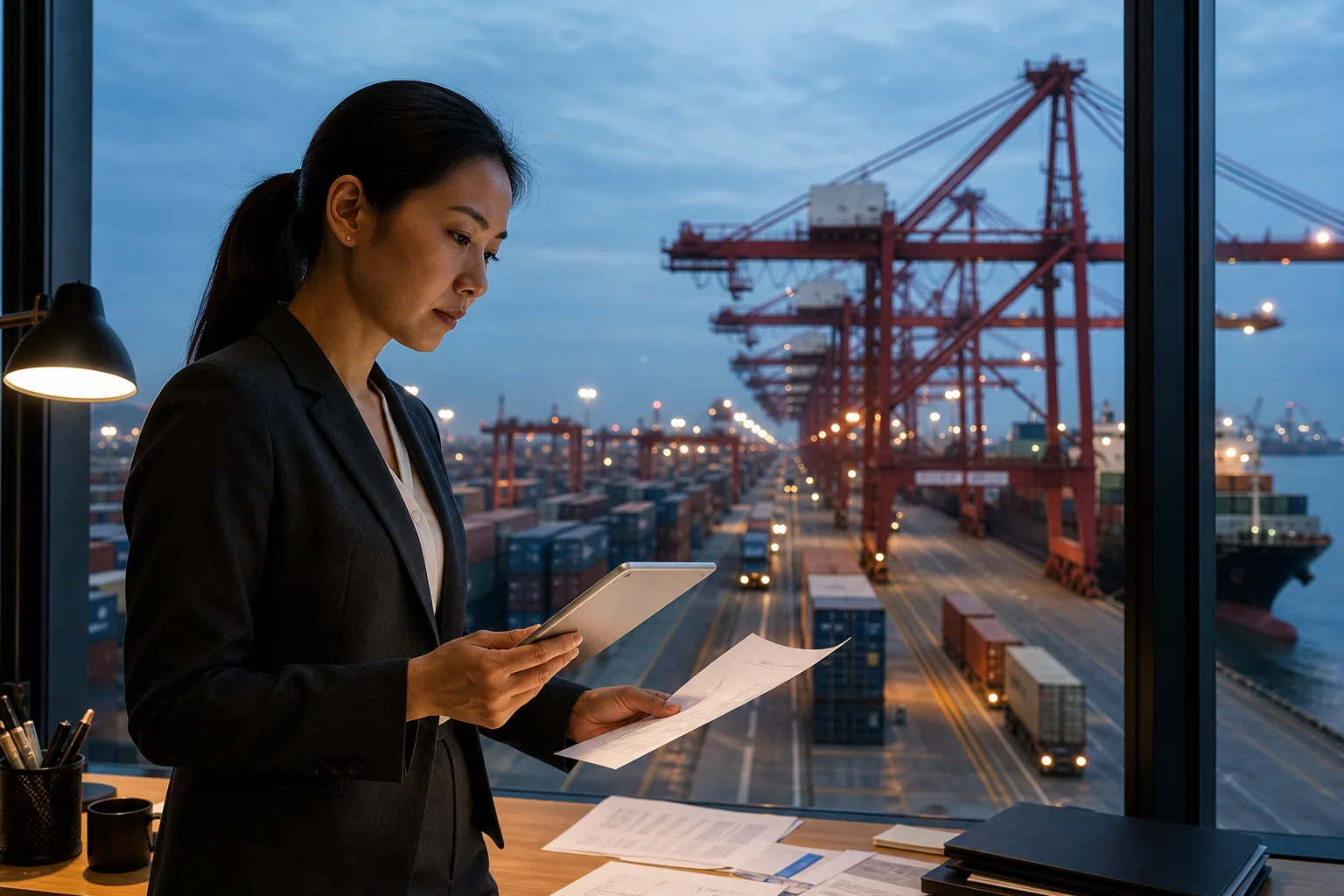Containers and customs operations at a modern Chinese port at sunrise