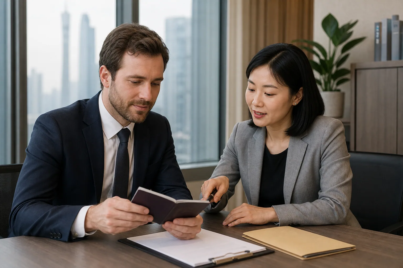 Foreign professional reviewing a work-permit file in a contemporary Chinese office