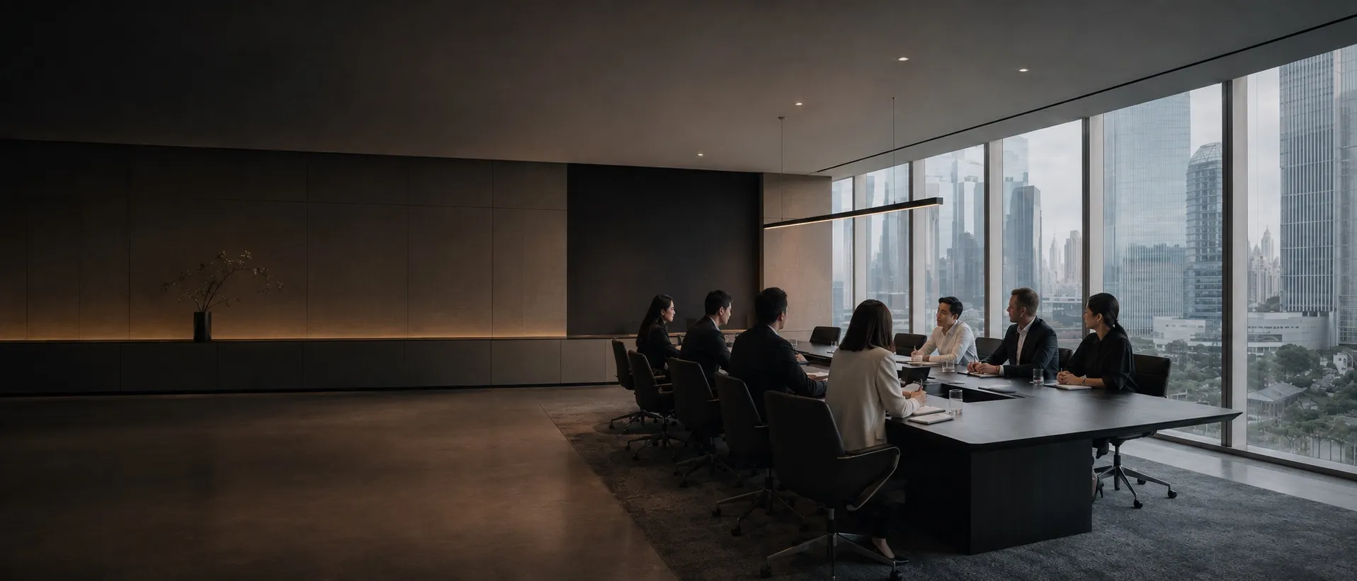 International team meeting in a China office overlooking the skyline